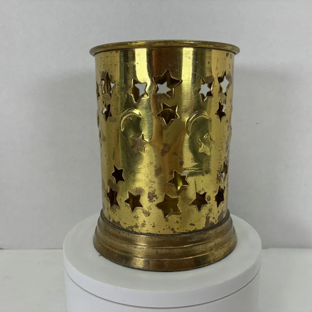 Vintage Brass Celestial Star and Moon Cutout Candle Holder Sleeve Patina Gold